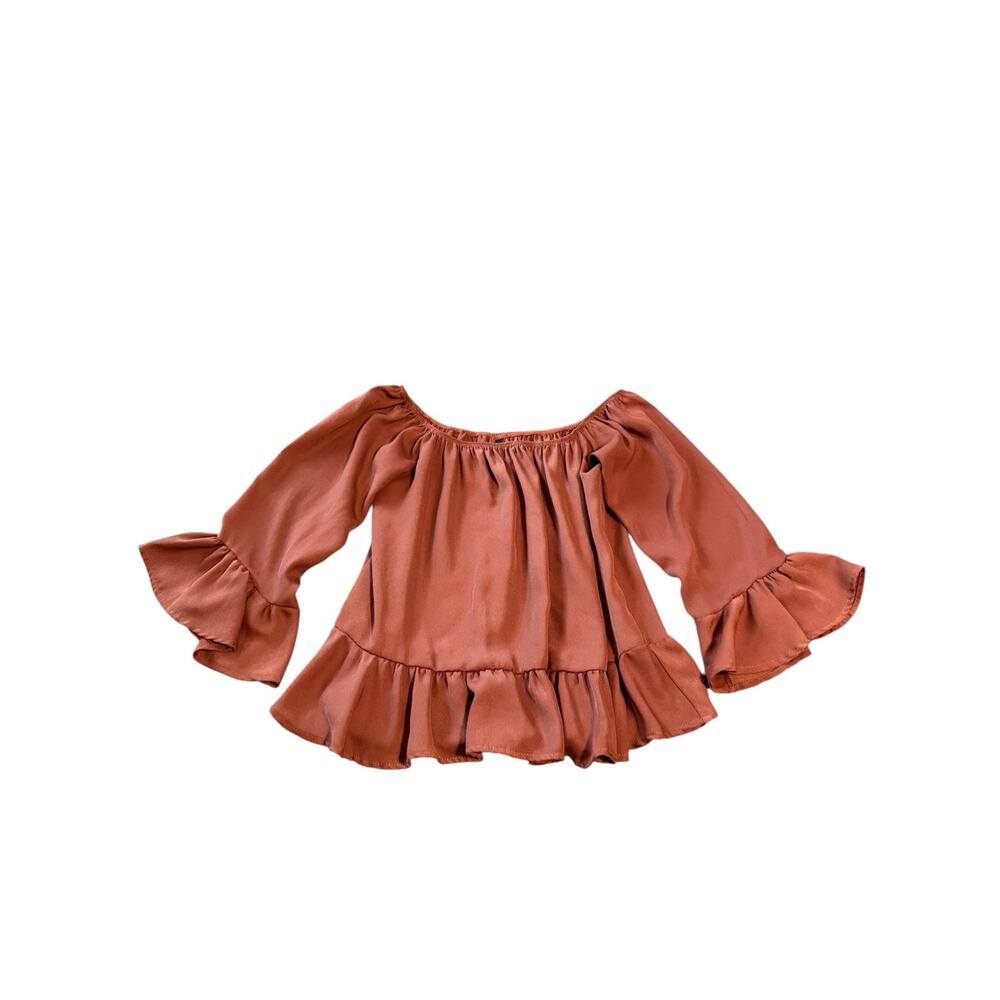 Peppermint Brown Off Shoulder Blouse Top Size Small Ruffle Sleeve‎ Flowy Light
